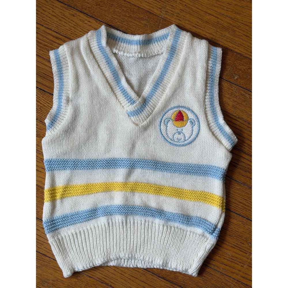 Vintage Baby Sweater Vest Teddy Bear Sailboat Motif Pastel Blue Yellow Striped
